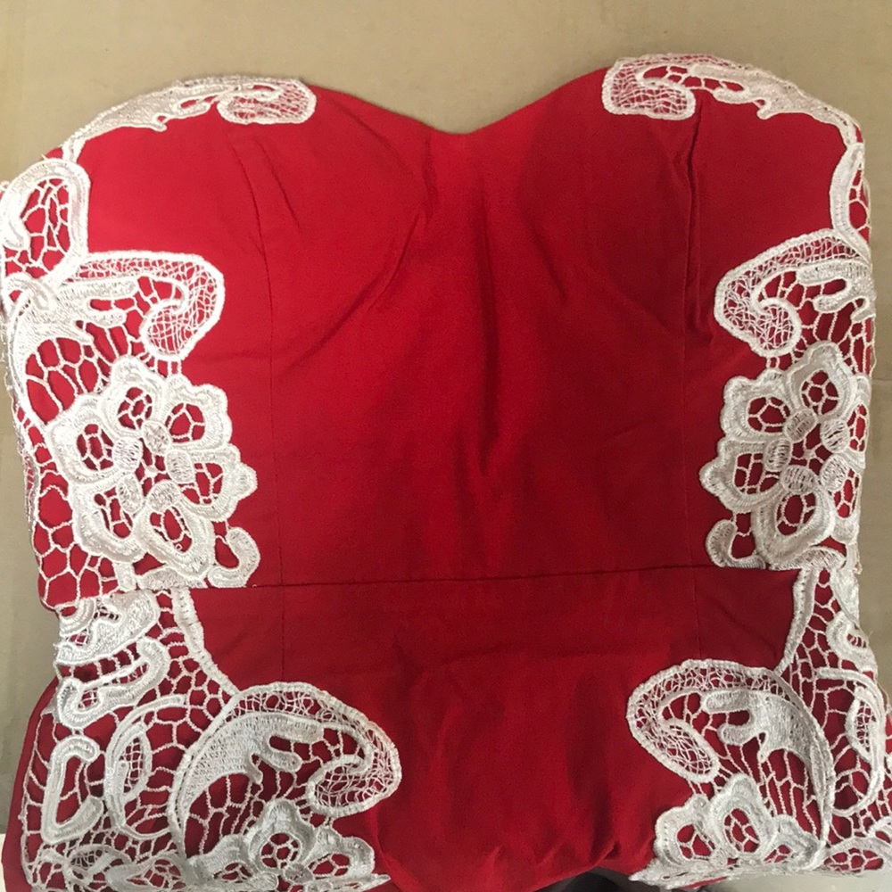 Red strapless dress with cream lace detail